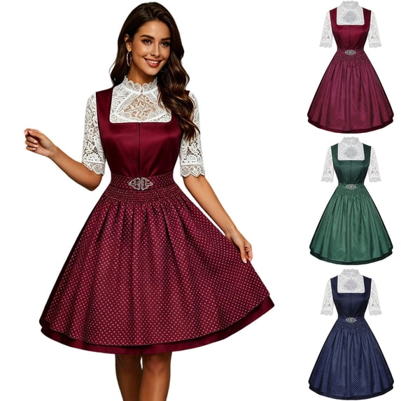 Women's Classic Bavarian Dirndl Set, Square Neck High Waist Flared Skirt Suspender Dress Matching 3/4 Sleeve Lace Trim Blouse Red XL(XL)