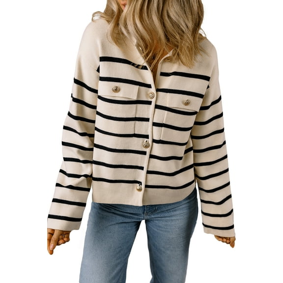 Women's Classic Black Stripe Flap Pocket Buttoned Cardigan Sweater [ZhiHiMeRi] | (US 12-14)L