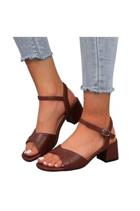 Women's Classic Block Heels Ankle Strap Open Toe Sandals Backless Lightweight Pumps Evening Wedding Dress Shoes Brown Size 8
