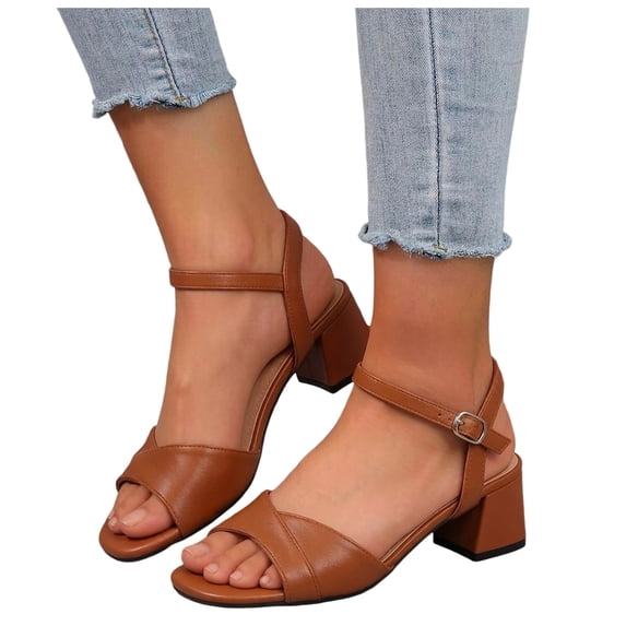 Women's Classic Block Heels Ankle Strap Open Toe Sandals Backless Lightweight Pumps Evening Wedding Dress Shoes Coffee Size 8