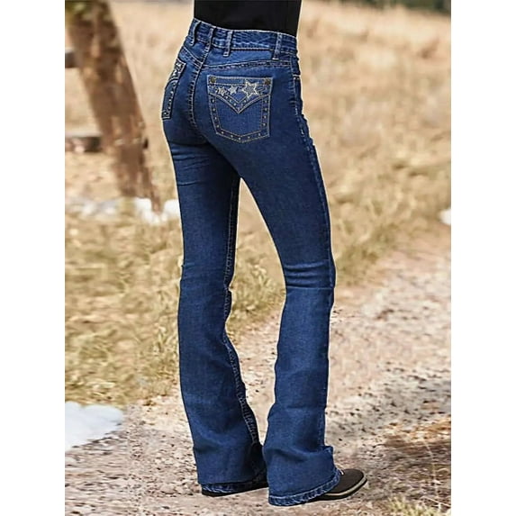 Women's Classic Boot Cut Jeans, Dark Blue Denim with Star Pocket Design, High Rise (US, Alpha, Medium, Regular, Regular, Blue)