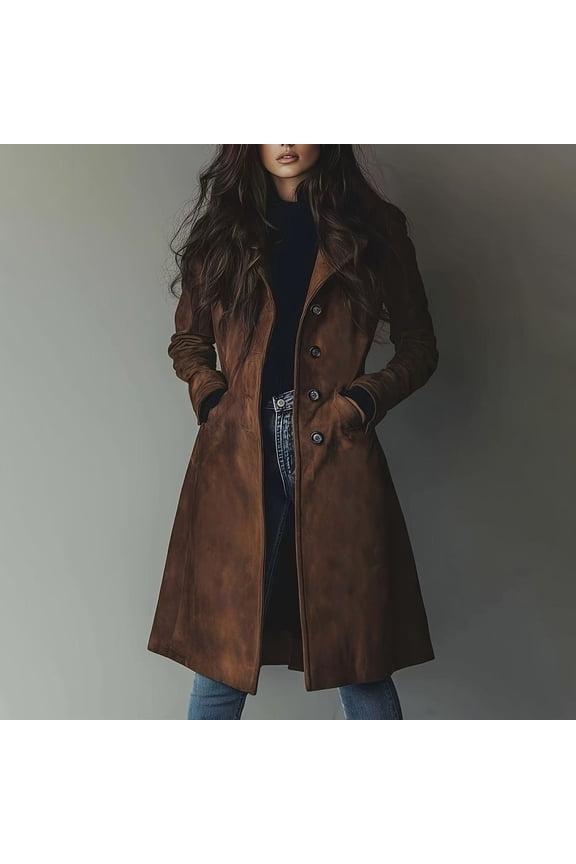 Women's Classic Brown Suede Trench Coat, Retro Lapel Collar Mid-Length Jacket, Single Breasted Casual Coat, Long Fall Winter Outerwear, Versatile Everyday Wear, Timeless Style Brown S