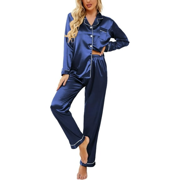 Women's Classic Button Down Long Satin Silk Pajama Set