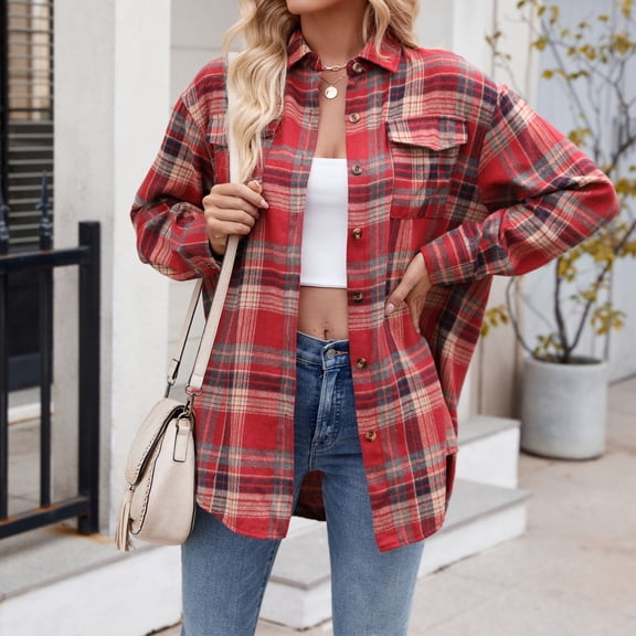 Women's Classic Button Down Plaid Flannel Shirt Long Sleeve Oversized Casual Business Shirt Top Blouses