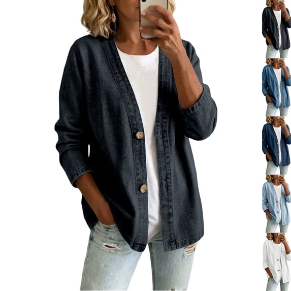 Women's Classic Button Front Denim Jacket – V-Neck, Breathable Fabric & Relaxed Fit,Black,2XL