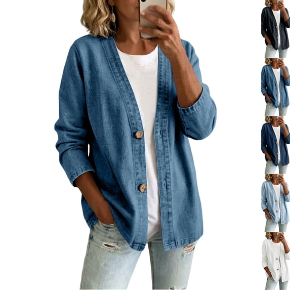 Women's Classic Button Front Denim Jacket – V-Neck, Breathable Fabric & Relaxed Fit,Blue,2XL