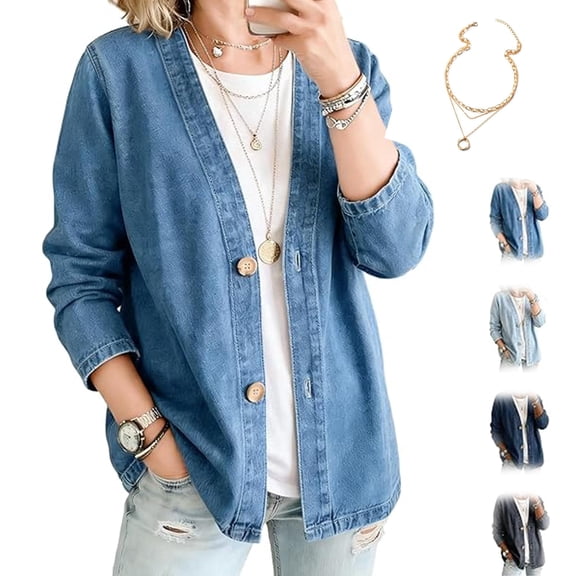 Women's Classic Button Front Denim Jacket, V-Neck Relaxed Fit Lightweight Casual Outerwear for Everyday Layering