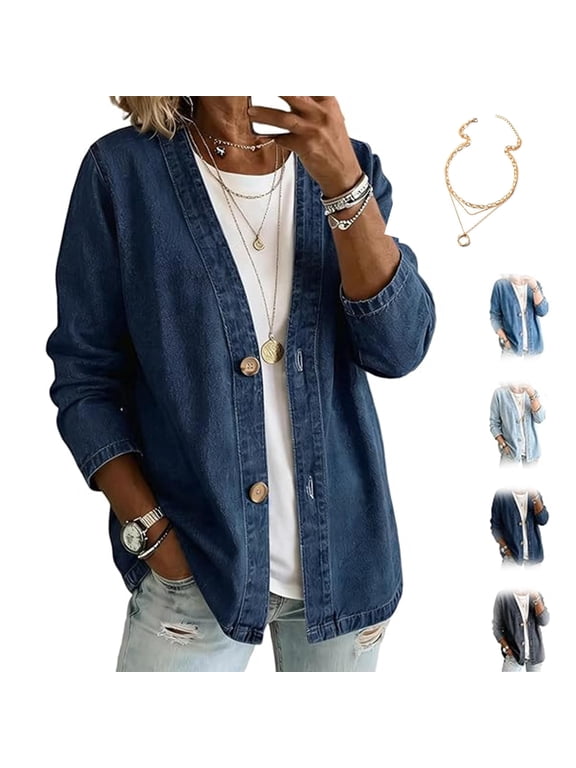 Women's Classic Button Front Denim Jacket, V-Neck Relaxed Fit Lightweight Casual Outerwear for Everyday Layering