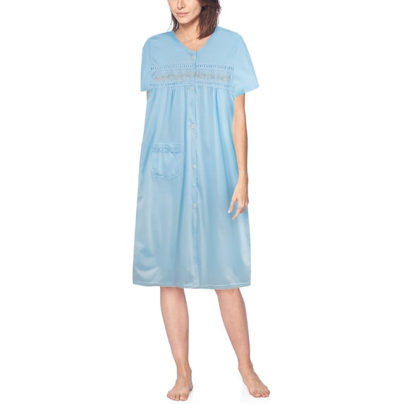 Women's Classic Button Up Closure Floral Duster Nightgown Lounger Robe (6027 Blue, L)