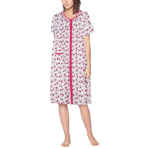 Women's Classic Button Up Closure Floral Duster Nightgown Lounger Robe (AH567 Pink, XL)