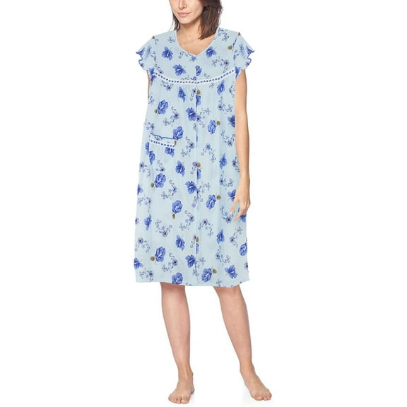 Women's Classic Button Up Closure Floral Duster Nightgown Lounger Robe (PJ6024 Blue, 2XL)