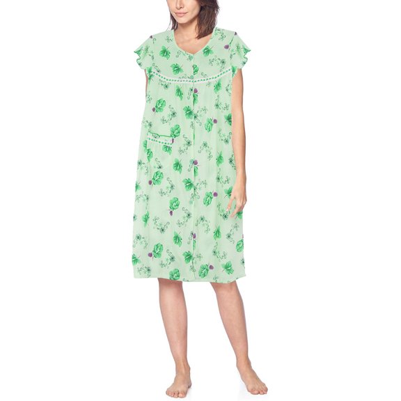 Women's Classic Button Up Closure Floral Duster Nightgown Lounger Robe (PJ6024 Green, L)
