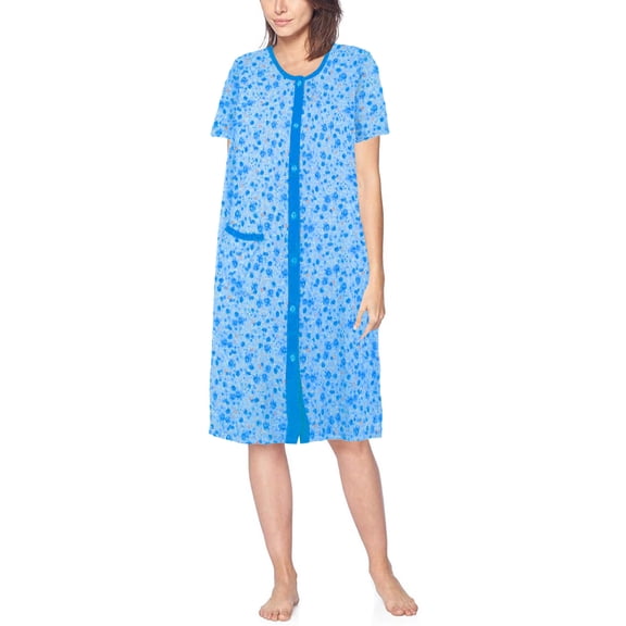 Women's Classic Button Up Closure Floral Duster Nightgown Lounger Robe (Sky Blue, M)
