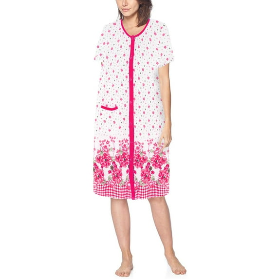 Women's Classic Button Up Closure Floral Duster Nightgown Lounger Robe (W1907 Neon Pink, M)