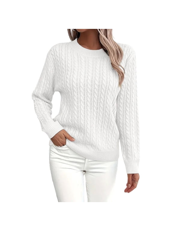 Women's Classic Cable Knit Crewneck Sweater, Long Sleeve Soft Pullover Top, Casual Lightweight Knitwear for Fall Winter