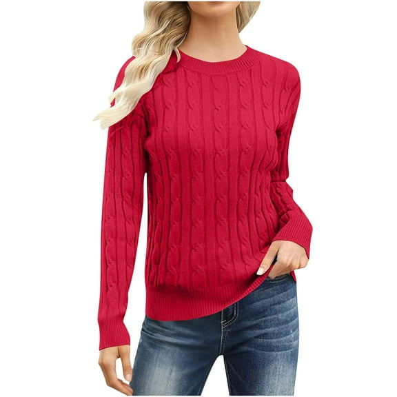 Women's Classic Cable Knit Pullover Sweaters Casual Solid Color Jumpers Cozy Fall Outfits Red L