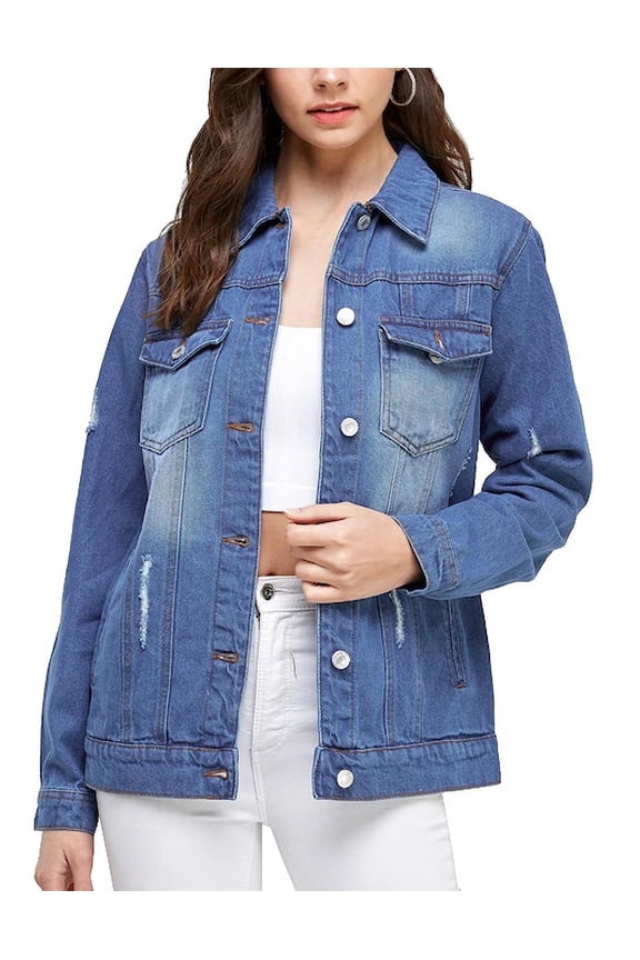 Women's Classic Casual Cotton Lightweight Distressed Denim Button Up Jean Jacket (Medium Blue, S)
