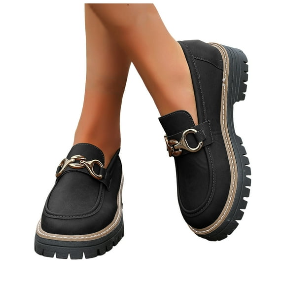 Women's Classic Chunky Slip on Penny Loafers Trendy Casual Leather Lug Soles Dress Walking Boat Shoes