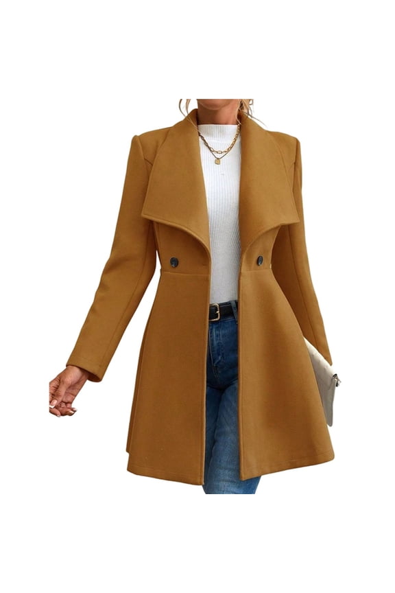 Women's Classic Coat Lapel Collar Open Front Long Jacket Pea Coat Camel Color M