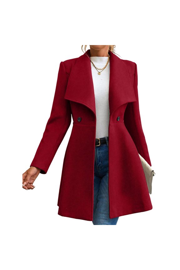 Women's Classic Coat Lapel Collar Open Front Long Jacket Pea Coat Deep Red L