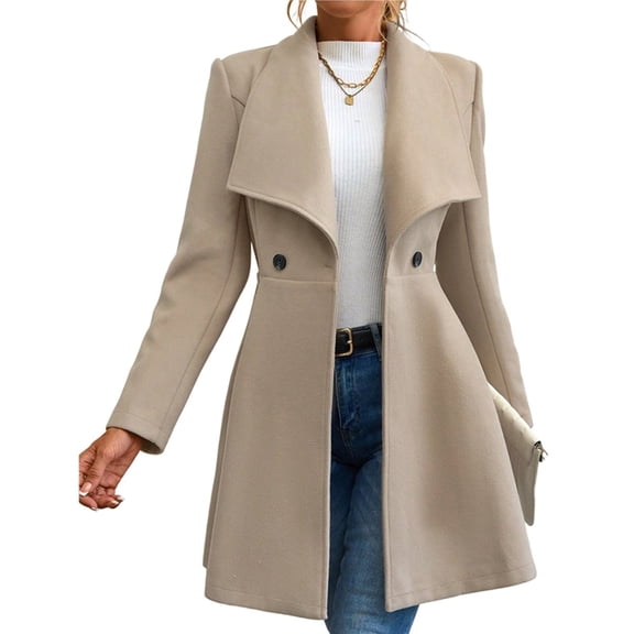 Women's Classic Coat Lapel Collar Open Front Long Jacket Pea Coat Khaki L
