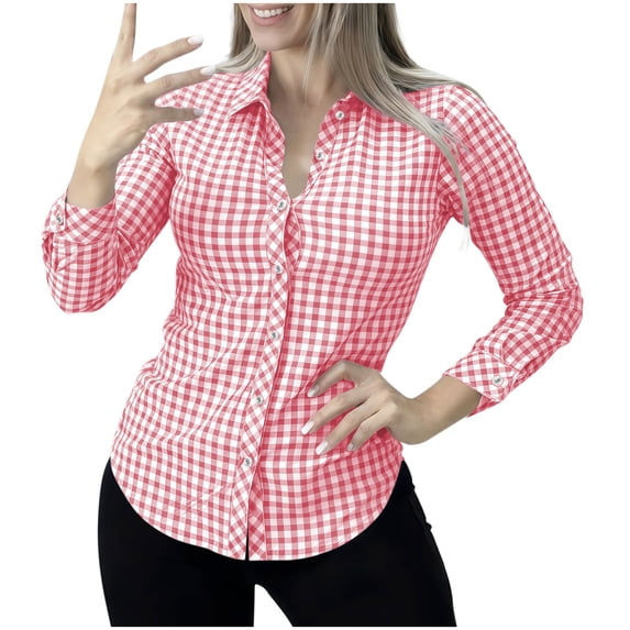 Women's Classic Collar Long Sleeve Blouses Gingham Plaid Button Down Shirts Slim Fit Soft Business Casual Blouse Tops for office Daily Wear Pink