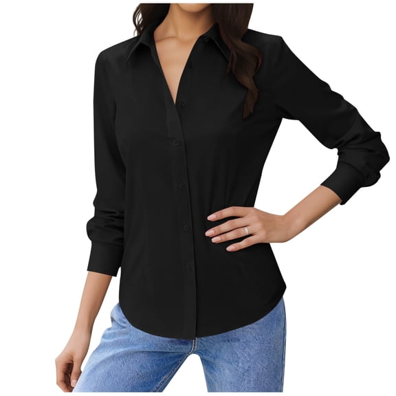 Women's Classic Collar Long Sleeve Button Down Shirt in Solid Color for Casual and Professional Wear