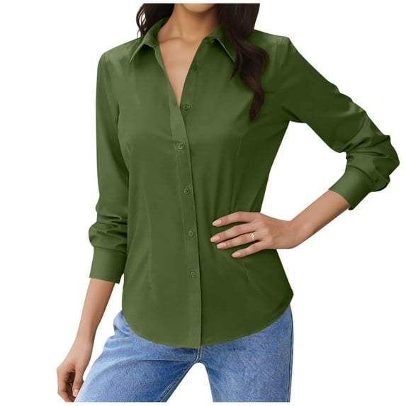 Women's Classic Collar Long Sleeve Button Down Shirt in Solid Color for Casual and Professional Wear