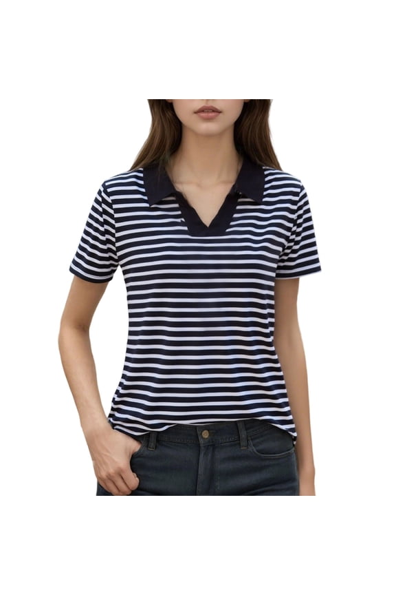 Women's Classic Collar Striped Short Sleeve T-Shirt Casual Comfortable Crew Neck Top For Daily Wear Oversized T-shirts Short Sleeve Crewneck Casual Tops