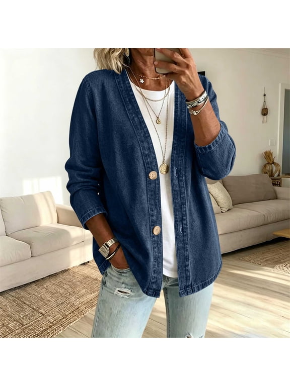 Women's Classic Collarless V‑Neck Denim Tops Long Sleeve Button Down Cardigan Shirts Casual Daily Wear Spring Fall Layering Blouses(Dark Blue,XXL)