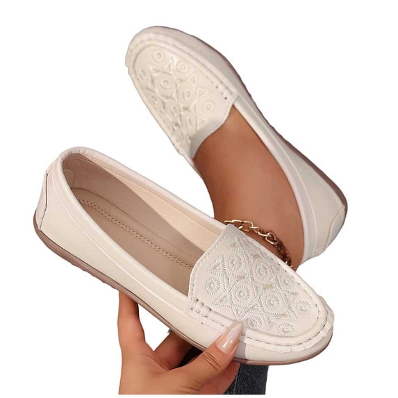 Women's Classic Comfort Leather Loafers Casual Slip-On Walking Flats Driving Boat Shoes Round Toe Lightweight Low Top Non Slip Cute Business Work Office Dress Shoes White 7