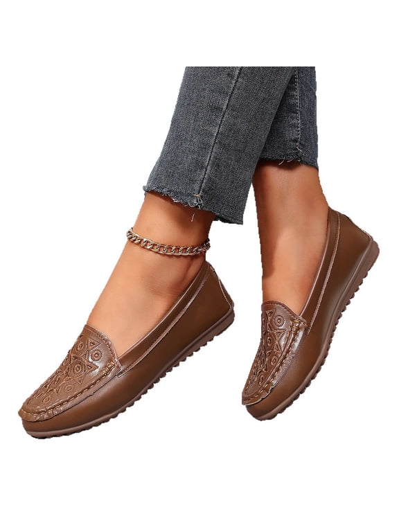 Women's Classic Comfort Leather Loafers Casual Slip-On Walking Flats Driving Boat Shoes Round Toe Lightweight Low Top Non Slip Cute Business Work Office Dress Shoes Brown 8.5