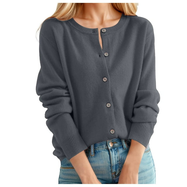 Women's Classic Crew Neck Button - Collar Cardigan Sweater - Polyester, Loose Fit, Suitable for Autumn and Winter, Machine Washable