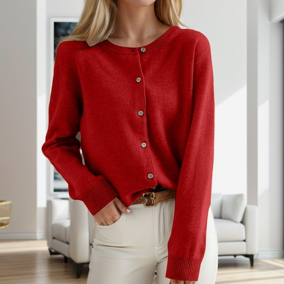 Women's Classic Crew Neck Button Collar Knit Front Open Cardigan Sweater