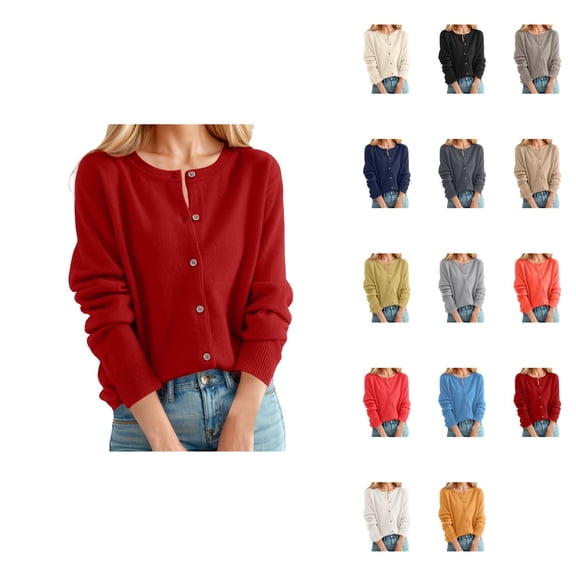 Women's Classic Crew Neck Cardigan Sweater – Lightweight Long Sleeve Knit Open Front with Button Collar, Dressy Button-Down Top