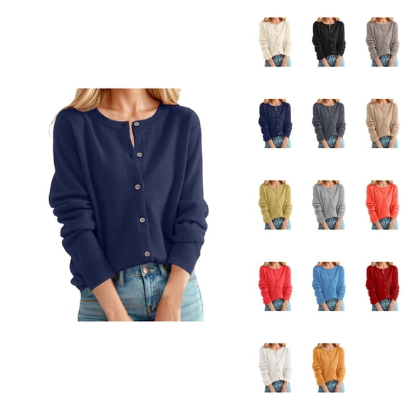 Women's Classic Crew Neck Cardigan Sweater – Lightweight Long Sleeve Knit Open Front with Button Collar, Dressy Button-Down Top