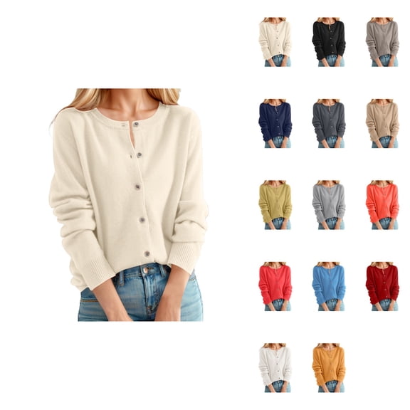 Women's Classic Crew Neck Cardigan Sweater – Lightweight Long Sleeve Knit Open Front with Button Collar, Dressy Button-Down Top