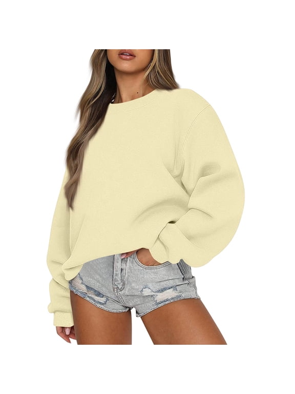 Women's Classic Crewneck Long-Sleeve Sweatshirt, Wide-Shoulder Relaxed Pullover Top, Soft Casual Everyday Wear - Beige - S