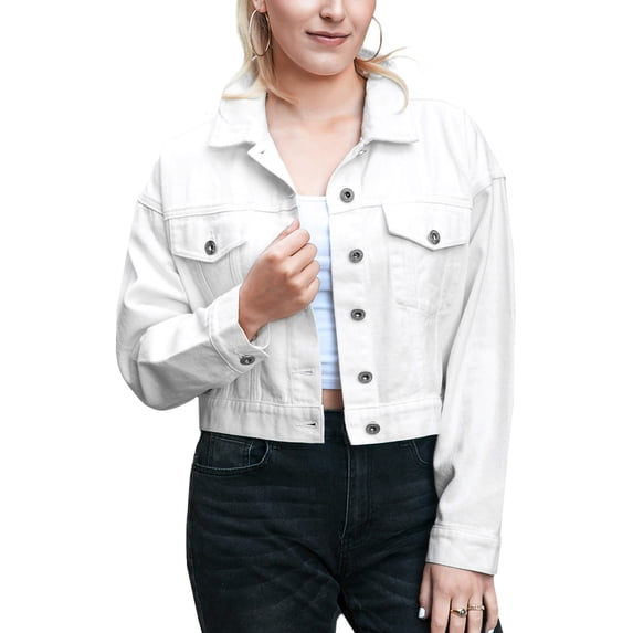 Women's Classic Crop Denim Jean Jacket Long Sleeve Button Down Basic Trucker Jackets, Off-White, Large