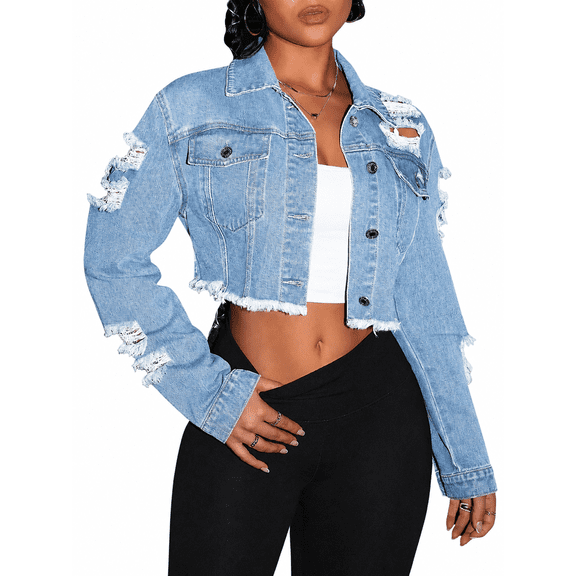 VERNOLA Women's Classic Cropped Ripped Denim Jacket with Raw Hem and Distressing