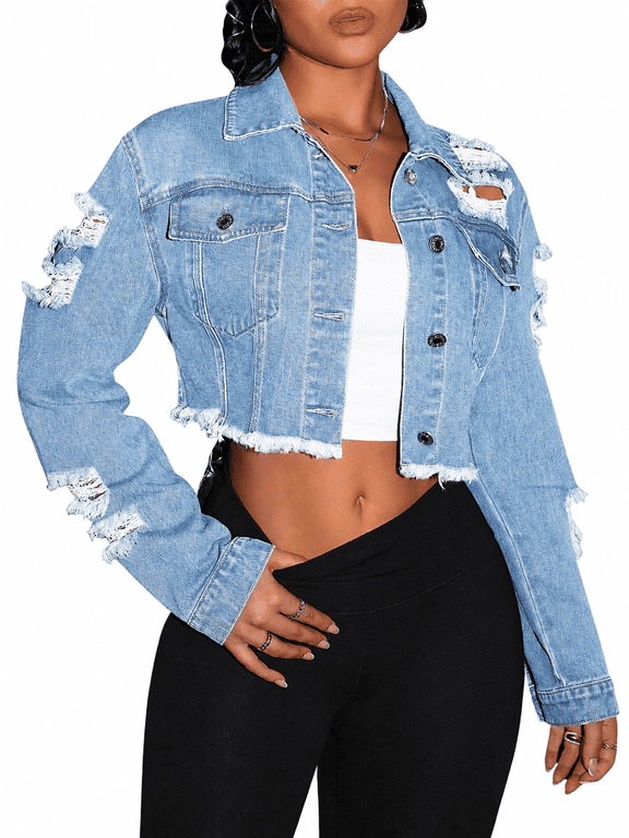 Women's Classic Cropped Ripped Denim Jacket with Raw Hem and Distressing