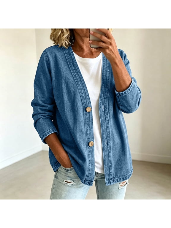 Women's Classic Denim Jacket, Button Front, V-Neck, Breathable Fabric, Relaxed Fit Womens Front Stretch Jacket Lightweight Casual Long Sleeve Coat for Women Open Jean Trendy Loose fit up Cardigans