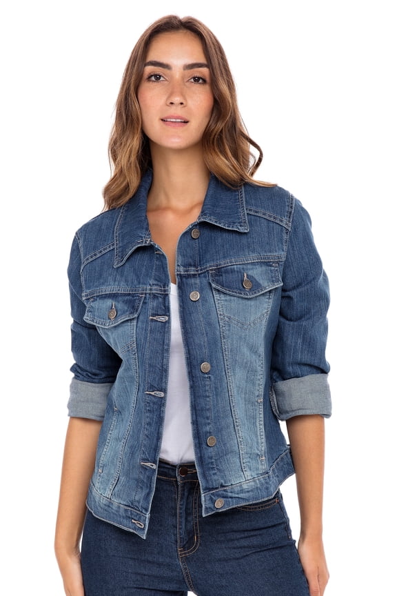 Women's Classic Denim Jacket– Button-Up, Long Sleeve, Casual Jean Coat with Chest Pockets Mid Blue L