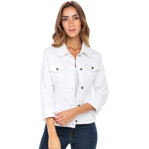 Women's Classic Denim Jacket– Button-Up, Long Sleeve, Casual Jean Coat with Chest Pockets White L