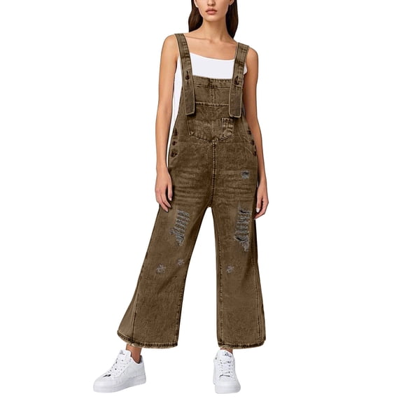 Women's Classic Denim Ripped Jumpsuit - Loose Fit, Adjustable Straps, Casual Style