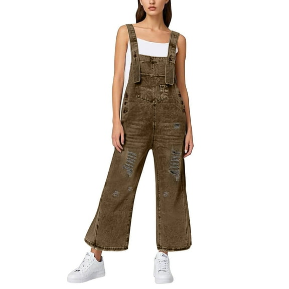 Women's Classic Denim Ripped Jumpsuit - Loose Fit, Adjustable Straps, Casual Style