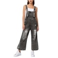 thumbnail image 1 of Women's Classic Denim Ripped Jumpsuit - Loose Fit, Adjustable Straps, Casual Style, 1 of 5