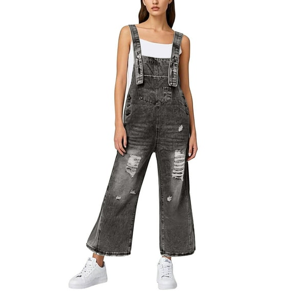 Women's Classic Denim Ripped Jumpsuit - Loose Fit, Adjustable Straps, Casual Style