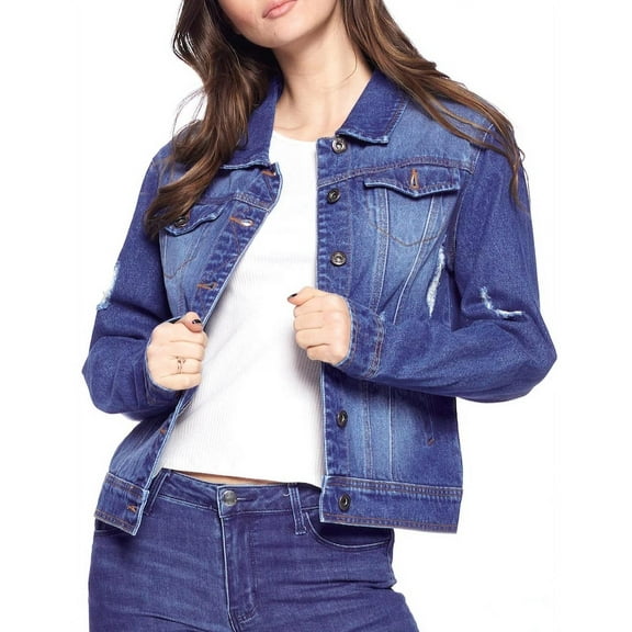 Women's Classic Distressed Cotton Denim Button Up Long Sleeve Jean Jacket (Dark Blue, M)