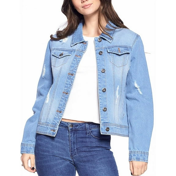 Women's Classic Distressed Cotton Denim Button Up Long Sleeve Jean Jacket (Light Blue, M)